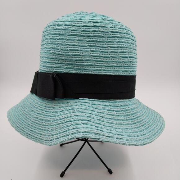 Rike's Light Blue Teal Woven Paper Straw Summer Hat with Black Ribbon Bow Accent - Picture 1 of 10